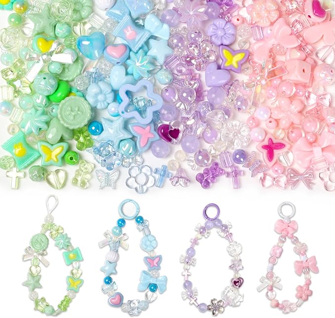 HSONAIGEE 200-220 Pieces Acrylic Beads for Bracelet Making, Assorted 4 Colors Cute Bead Charms Jewelry Making Kit Flower Heart Gummy Bear Star Beads for DIY Crafts Phone Charms Necklace Keychains