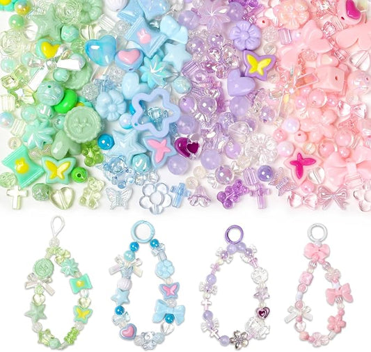 HSONAIGEE 200-220 Pieces Acrylic Beads for Bracelet Making, Assorted 4 Colors Cute Bead Charms Jewelry Making Kit Flower Heart Gummy Bear Star Beads for DIY Crafts Phone Charms Necklace Keychains
