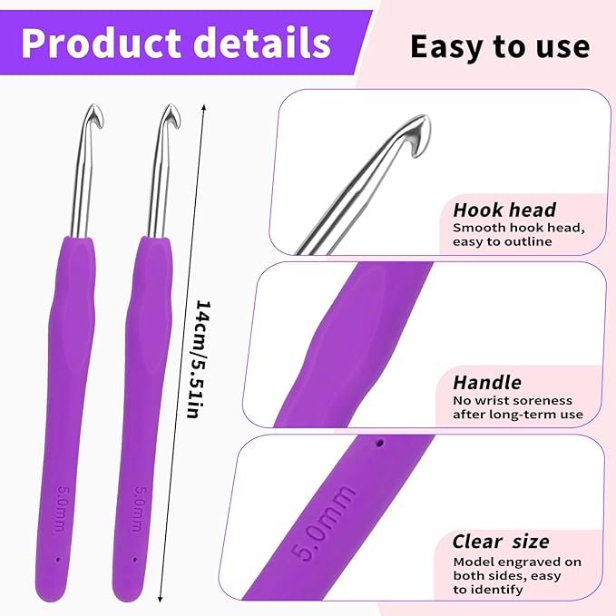 2PCS 5.0 mm SizeH Crochet Hooks, Ergonomic Handle Crochet Hooks for Arthritic Hands, Smooth and Extra Long Crochet Needles for Beginners, Knitting Needles for Beginner Handmade DIY Multicolor