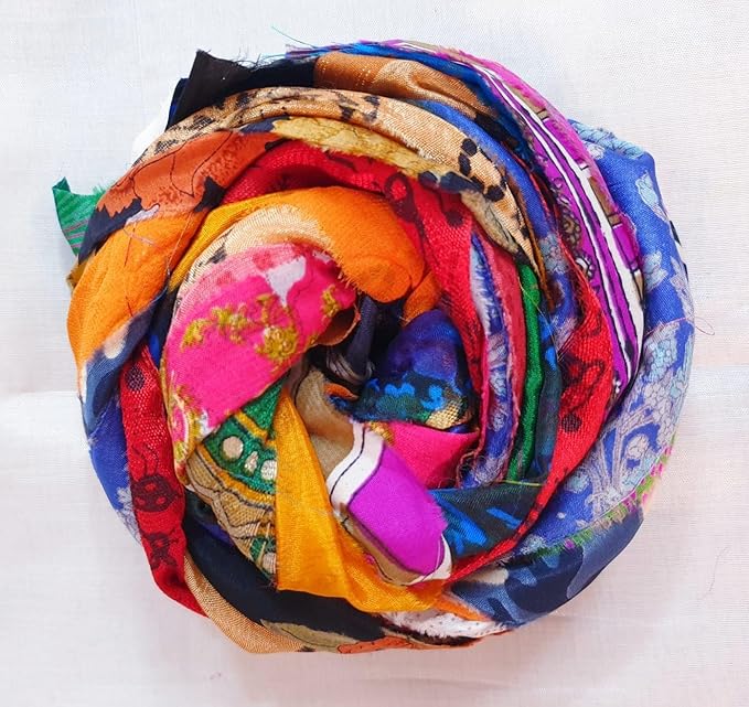 21 Yards Unstitched Recycled Sari Silk Yarn Ribbon Tassels 21 Strips SKEINS Shades Recycled Journal Scrapbook Craft Project Decor DS360 (Sari Silk, 21 Yard)