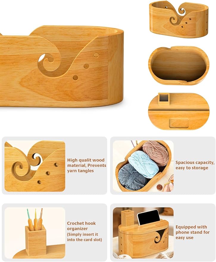 Oval Yarn Bowl Set with Lid, Crochet Yarn Holder with 9pcs Knitting Hooks, Large Wooden Yarn Storage with Phone Stand & Crochet Accessories, Double Curling Slot, Ideal Gift for Crochet Lovers