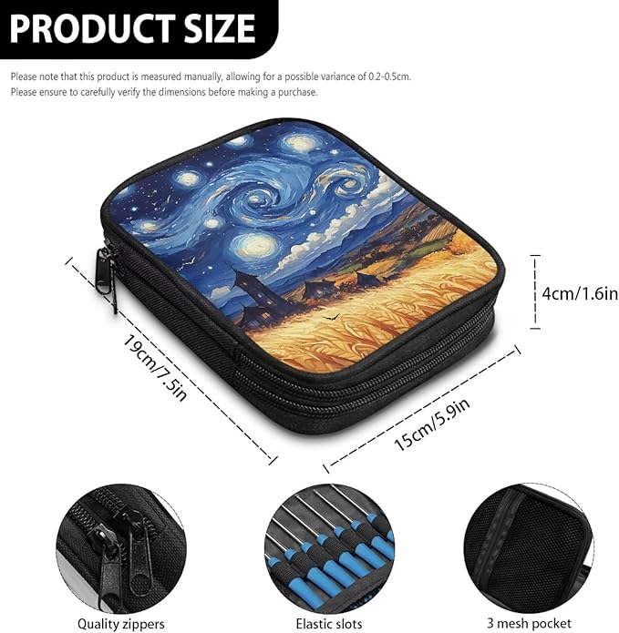 Hechitok Starry NightKnitting Needles Case Empty Zipper Bags Organizer Portable Travel Crochet Hook Storage Bag with Web Pocket for Carrying Various Crochet Needles