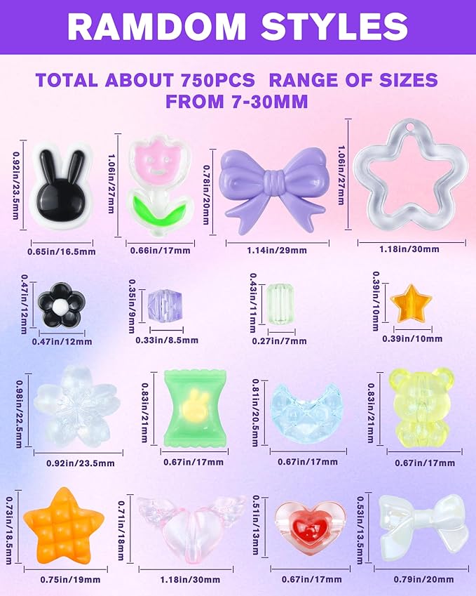 750PCS FIVEIZERO Assorted Acrylic Beads for Bracelet Making, Flower Star Heart Butterfly Candy Gummy Bear Kawaii Aesthetic Cute Beads for Jewelry Making, Keychains, Necklace, Phone Charms, DIY Crafts