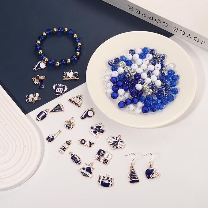 3000PCS+ Game Day Beads for Bracelets Making Blue White Clay Heishi Beads Pearl Acrylic Letter Bead Enamel Football Charms for Bracelet Earrings Necklace Making DIY Game Day Accessories (Blue White)