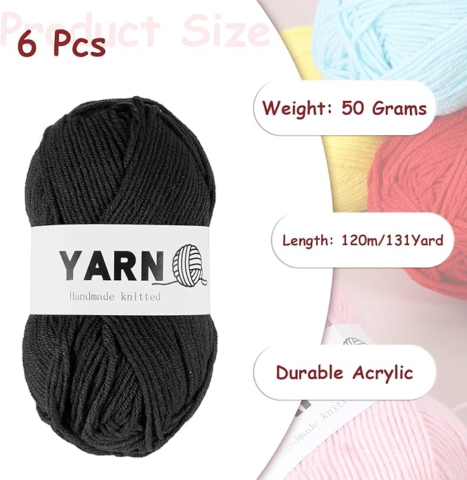 6Pcs Black Acrylic Yarn 790 Yard 4 Ply Soft Crochet Yarns Sport Weight Yarn,[for DIY Crocheting Knitting Craft Blankets Hats]-300g