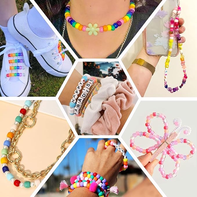 Pony Beads Bulk 900 Pcs for Necklace, Jewelry Making, Earring, Hair Braiding, Bracelets Making Kits, Crafts - Plastic Beads for Girls