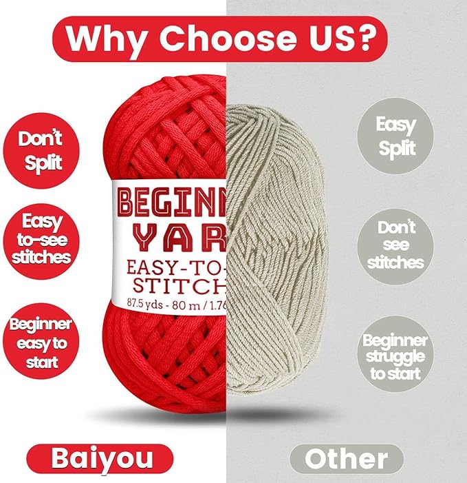 Beginners Red Yarn - 3x50g, 260 Yards, Easy-to-See Stitches, Worsted Medium #4, Chunky Thick Cotton Nylon Blend Yarn for Crocheting