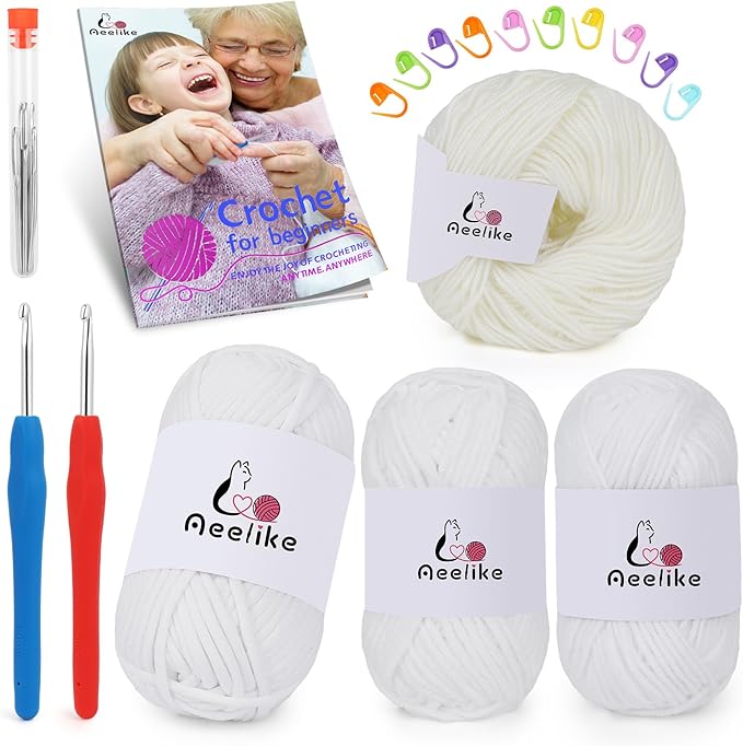 Aeelike Beginner Crochet Yarn Kit w 4 Different Materials White Yarns (Polyester, Cotton, Acrylic, Milk Cotton,) & 2 Ergonomic Hooks (G&7), Ideal Starter Crochet Set for Beginners