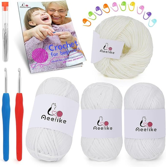 Aeelike Beginner Crochet Yarn Kit w 4 Different Materials White Yarns (Polyester, Cotton, Acrylic, Milk Cotton,) & 2 Ergonomic Hooks (G&7), Ideal Starter Crochet Set for Beginners