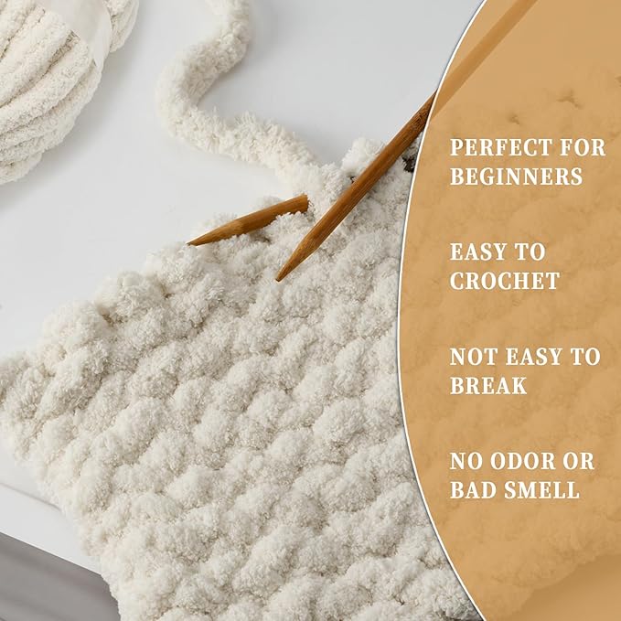 Chunky Chenille Yarn for Crocheting/Arm Knitting, Super Soft Jumbo Knit Blanket Yarn Beige 2 Pack (32 yds, 8.5 oz Each Pack)