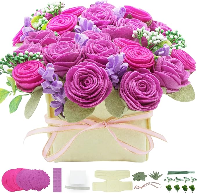 BAZIMA DIY Felt Flower Art Craft Kit - Felt Rose and Lavender Kit, Floral Gifts - Arrange Pre-Cut Flowers and Foliage