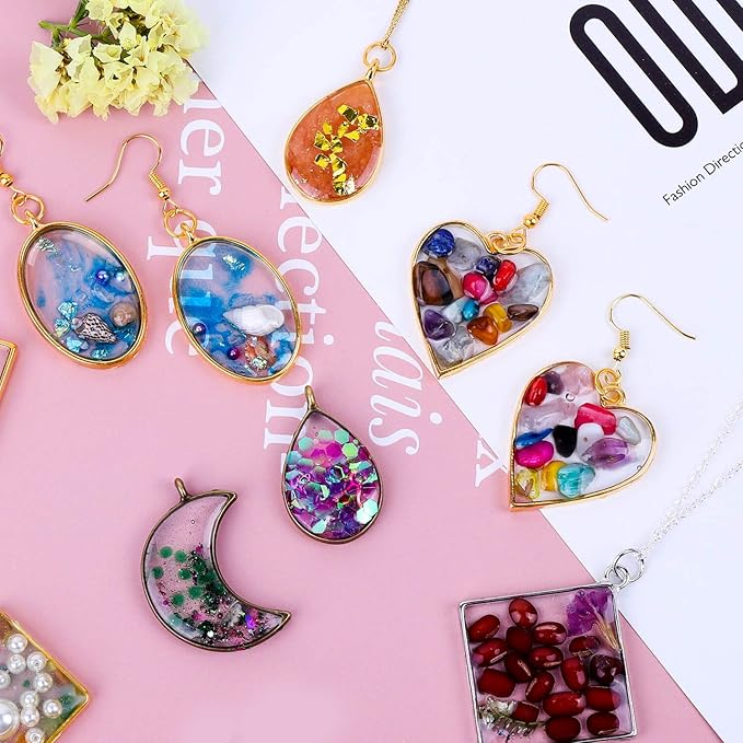 Shynek 60Pcs Hollow Frame Pendants - Resin Craft Bezels Jewelry Molds for Necklaces and Earrings Making Supplies
