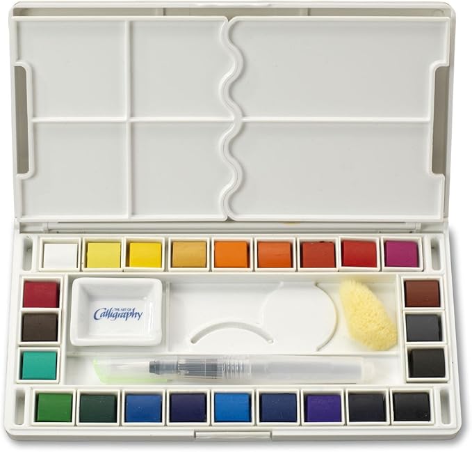 24 Assorted Water Colors Travel Pocket Set- Quality Refillable Water Brush with Sponge - Easy to Blend Colors - Built in Palette - Perfect for Painting On The Go JQ-124