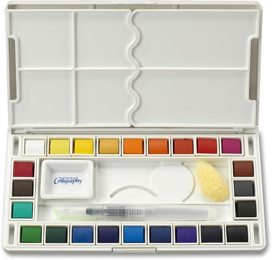 24 Assorted Water Colors Travel Pocket Set- Quality Refillable Water Brush with Sponge - Easy to Blend Colors - Built in Palette - Perfect for Painting On The Go JQ-124