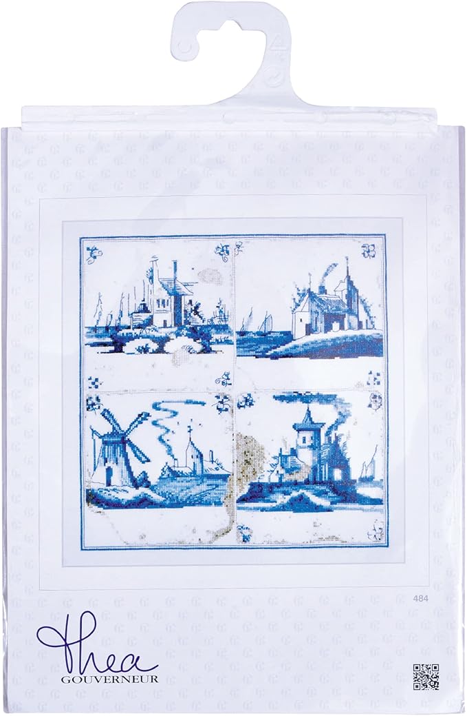 Thea Gouverneur - Counted Cross Stitch Kit - Antique Tiles Villages - Aida - 18 Count - Embroidery Kit for Adults - DMC Embroidery Threads and Other Cross Stitch Supplies Included - 484A