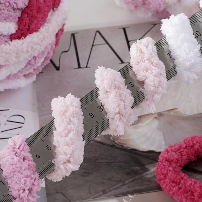 HOMBYS Chunky Tie Dye Mix Chenille Yarn for Hand Knitting, Super Bulky Jumbo Yarn for Crocheting, 3/4" Thick Soft Plush Yarn for Blankets, 8 Skein Pack (26 yds / 7.5 oz Each) Rose,Pink,White