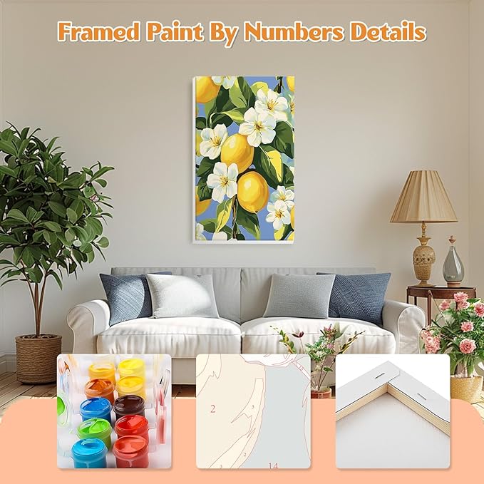 GHHKUD Lemon Paint by Numbers Kits with Frame for Adults Beginners, DIY Summer Flower Paint by Numbers for Kids, Painting Art on Canvas Gifts Home Wall Decor 20x30cm