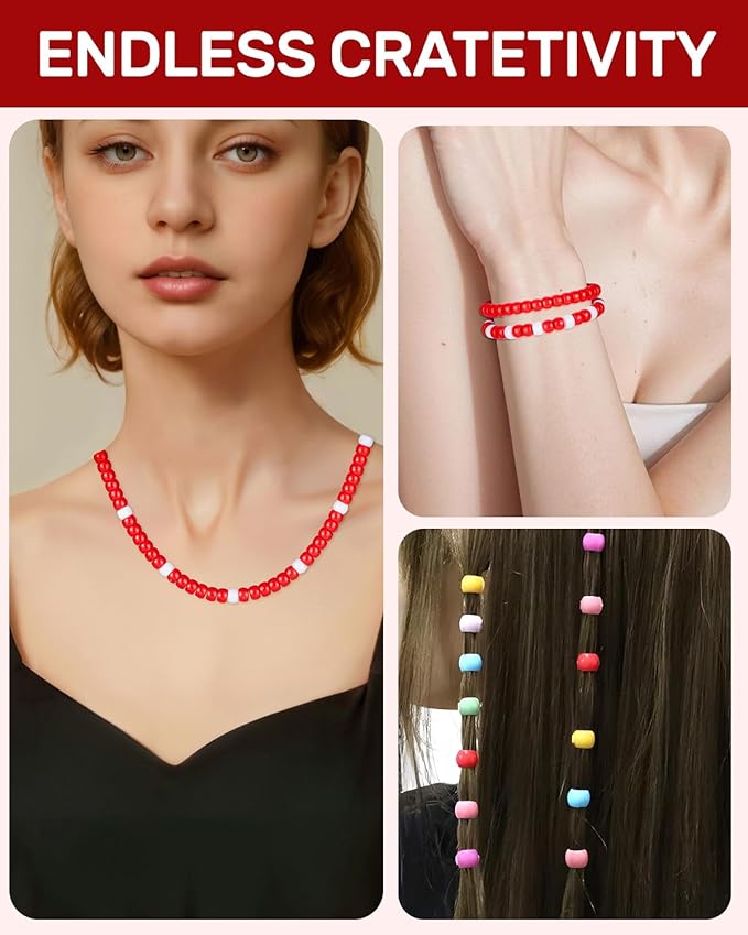 1000+ Pcs Pony Beads, Red Kandi Beads for Bracelet Making, Hair Braids, Necklaces, Key Chains, Jewelry