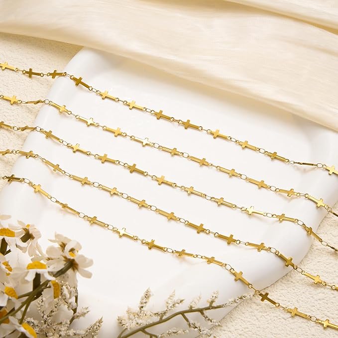 YOUBEIYEE 13 Feet Gold Plated Cross Chain for Jewelry Making Stainless Steel Bar Link Chains Bulk on Spool with Jump Rings Lobster Clasps