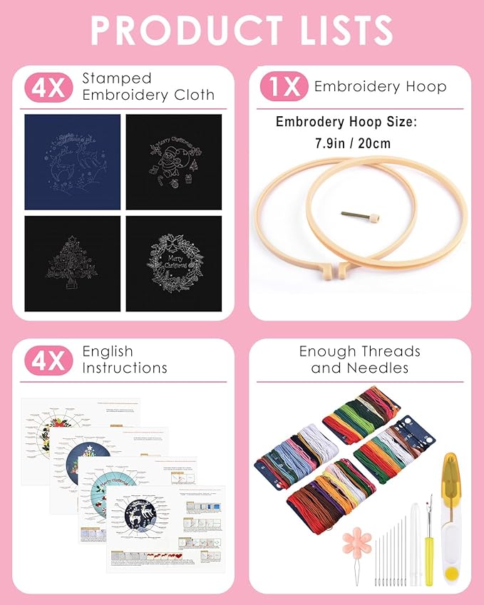 TINDTOP Christmas Embroidery Kit for Adult, 4 Pack Embroidery DIY Starter Kit, with Stamped Patterns, Hoop, Tools, Colorful Threads with Needles, Instructions