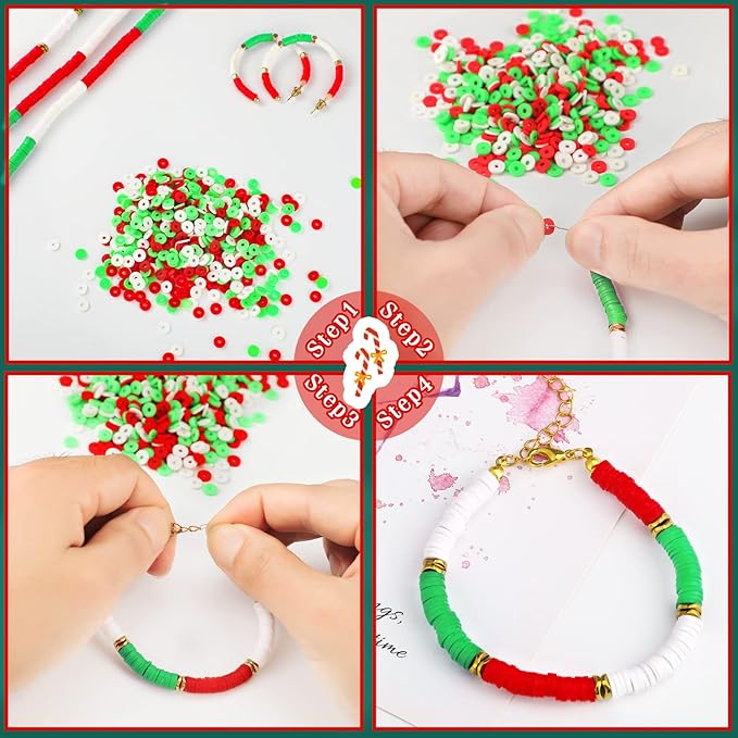 Batiyeer 3000 Pcs Christmas Fall Halloween Clay Beads Set 6 mm Patriotic 4th of July Spacer Beads Winter Polymer Clay Bead for Necklace Earring Bracelet Making(Red, Green, White)