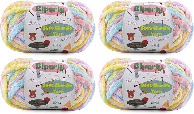4 * 100g Velvet Chenille Chunky Yarn for Crocheting - 49.2yds per Skein Plush Fluffy Yarn - Easy to Use for Baby Blankets, Knitting Creations & DIY Crafts (4, Macaron)