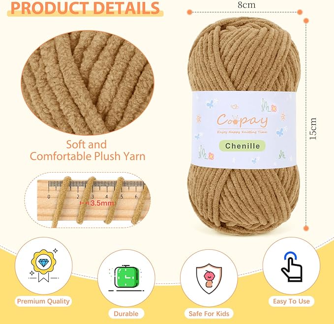 Coopay Chenille Yarn for Crocheting, 8 Pack Medium Weight Yarn - CYC #4 - Total 520yd, Soft Crochet Yarns for Plush Toys, Blankets, Scarves (Brown)