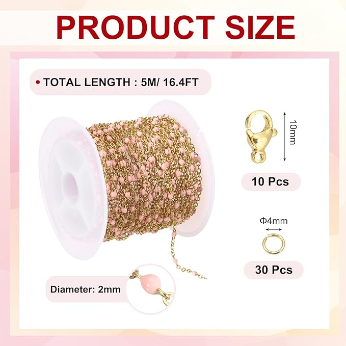 MECCANIXITY Stainless Steel Bead Chain, 16.4 Feet/5M Enamel Beaded Jewelry Link Cable Chains Spool Kit for Jewelry Making, Necklace, Bracelets, DIY Crafts (Gold/Pink, Pack of 1)