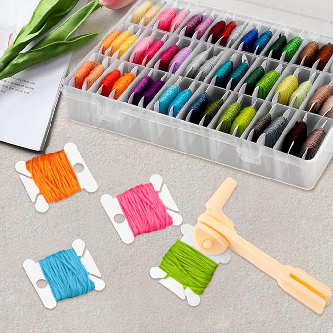 Embroidery Floss Organizer, Cross Stitch Thread Storage Set with 100 Pcs Floss Bobbins, Winder, Marker and Stickers, Removable 24 Compartments Case for Craft DIY Sewing Storage