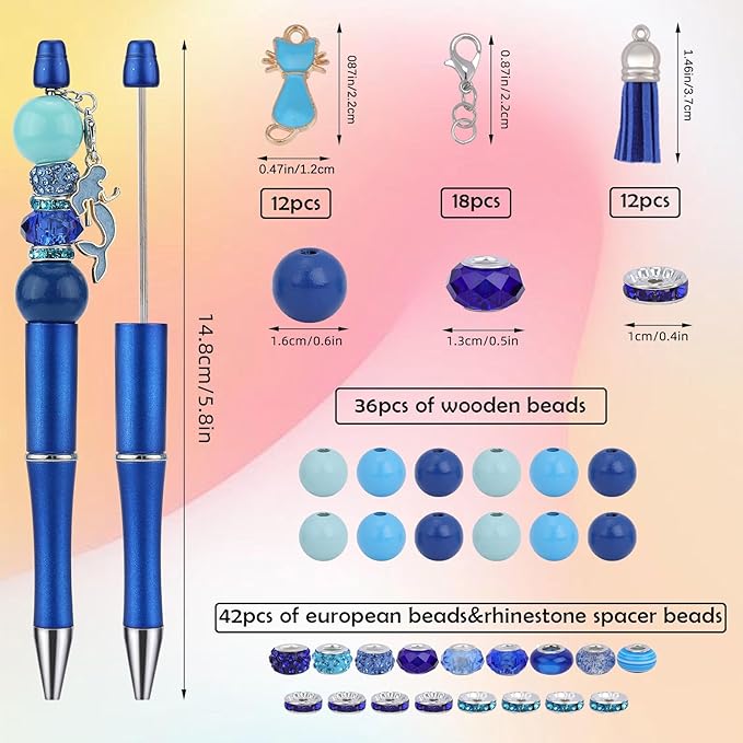 12pcs DIY Beadable Pens Bulk Pens for Beads Beaded Pen Kit for Students Teacher Office Supplies DIY Making Gifts(Blue)