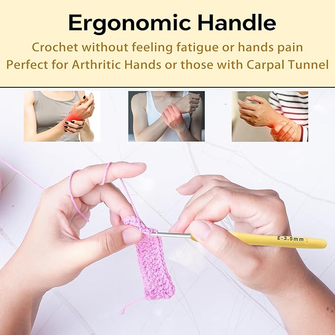 3.5mm Crochet Hook, Ergonomic Crochet Hook, Smooth and Extra Long  Knitting Needles, with Soft Rubber Ergonomic Handle and Aluminum Tip, Perfect Beginner and Arthritic Crochet Hooks (3.5 mm)