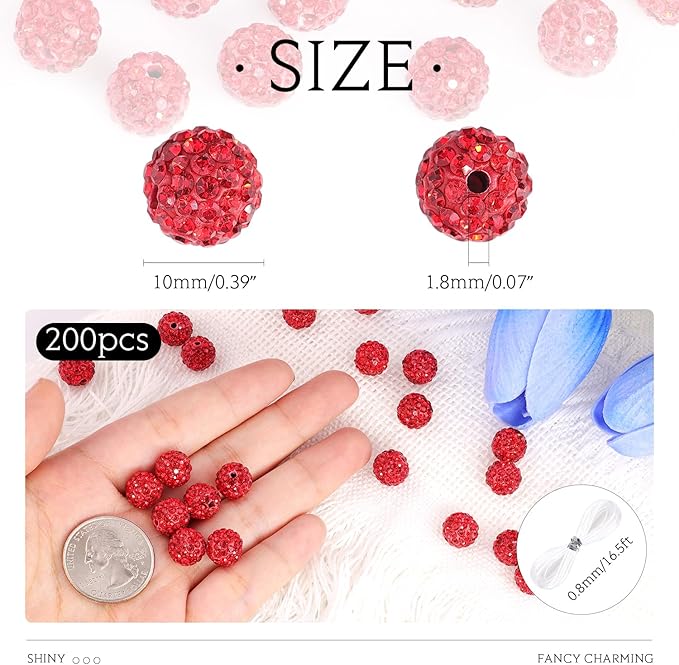 200 pcs red rhinestone beads for jewelry making, sparkle crystal clay christmas for bracelet baseball necklace earring crafting and diy, shiny round shamballa disco ball beads bulk