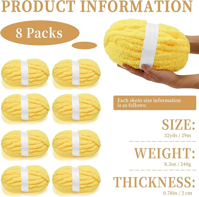 Chunky Chenille Yarn for Crocheting/Arm Knitting, Super Soft Jumbo Knit Blanket Yarn Yellow 8 Pack (32 yds, 8.5 oz Each Pack)