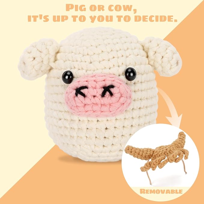 Crochet Kit for Beginners Adults - Pig and Cow Starters Crochet Kit, Beginners Crocheting Kitting for Adults Teen, DIY Craft Gifts with Crochets Yarns, Hook, Step-by-Step Video, Instruction