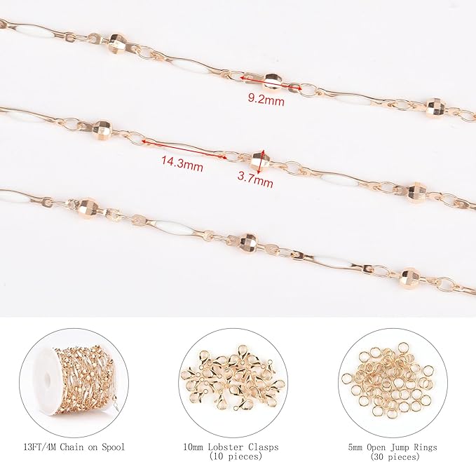 KYUNHOO 4 Meters Satellite Beaded Chain for Jewelry Making White Oil Drip Chain Link Gold Plated Brass Chain Spool for Women Making Jewelry Crafting Finding Supplies