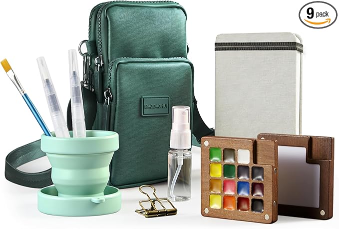 Mini Watercolor Paint Set, All-in-One 15-Color Walnut Wood Travel Kit with Crossbody Bag, Watercolor Journal, Metal Clip, Water Cup, Water Brush, Portable Pocket Art Set for Adult Art Lovers (Green)