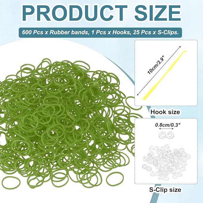 MECCANIXITY 600 Pcs Loom Rubber Bands Kit with 25 Pcs S-Clips 1-Hook Rubber Bands Refill Bracelet Making Kits for Weaving DIY Handcrafts Gift, Green