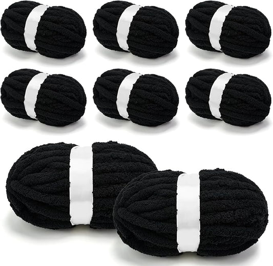 Chunky Chenille Yarn for Crocheting/Arm Knitting, Super Soft Jumbo Knit Blanket Yarn Black 8 Pack (32 yds, 8.5 oz Each Pack)