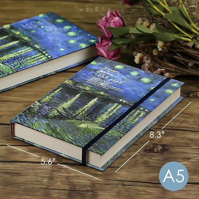 Art Journal, Sketch book, Blank Notebook, 130gsm, Thick Paper Sketchbook, A5, Hardcover Drawing Notebook, Blank Page Journal, Lay Flat, Unlined, Van Gogh Starry Night Over the Rhone