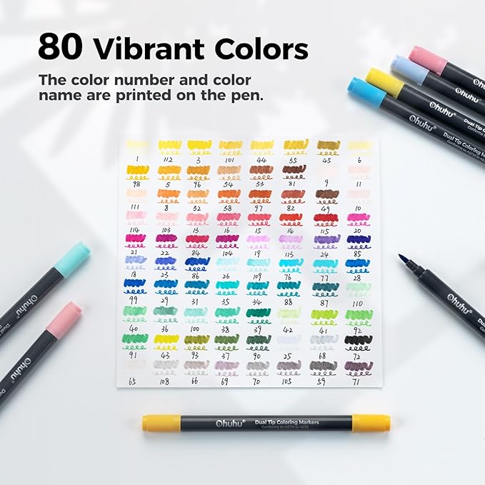 Ohuhu Markers Brush Tip 80-colors with 72-sheet Coloring Book - Double Tipped Markers for Adults Coloring Books - Art Marker Set Bundles with 100% Bleed-proof Pages - Fine & Brush Dual Tips