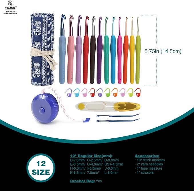 YOJOB Crochet Hooks Set (12 Sizes), Super Smooth 2.0mm-8.0mm Ergonomic Soft Grip Crochet Needle Kit with Accessories and Crochet Case