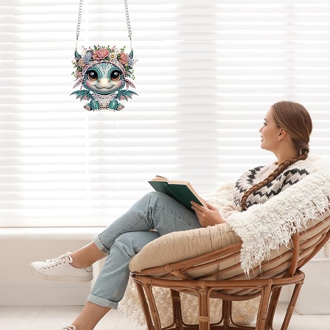 AiYuanzsh Diamond Art Painting Kits Hanging Pendant, Animal Baby Dragon Diamond Art Hanging Sign DIY Special Shaped Crystal Pendant Ornaments for Door Wall Window Home Xmas Halloween Decor