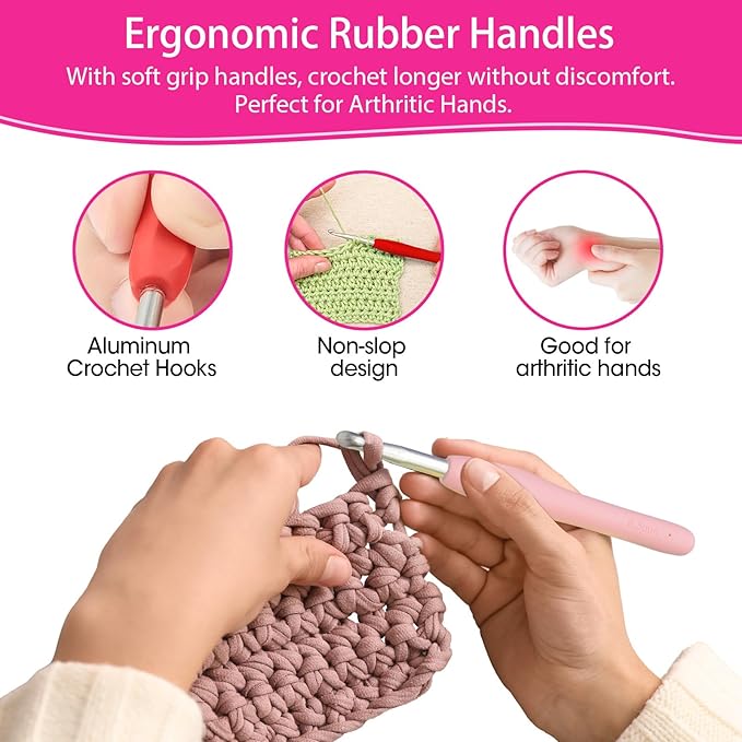 Crochet Hooks Set, RealPlus 12 PCS 2mm(B)-8mm(N) Ergonomic Crochet Hooks Set for Arthritic Hands, Ergonomic Soft Grip Handles, Crochet Kit for Beginners, Large Crochet Needle with Pink Case