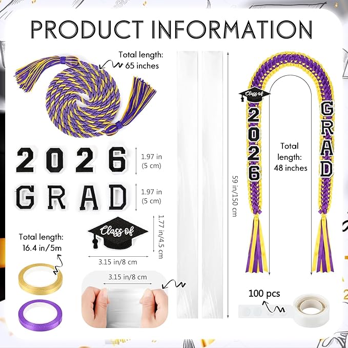 YLOLUL 16 Pcs Graduation Leis 2026 Graduation Candy Lei Kit with Honor Cord Class of 2026 Graduation Ribbon Money Lays Necklace Graduation Gift Party Accessories for Women Men