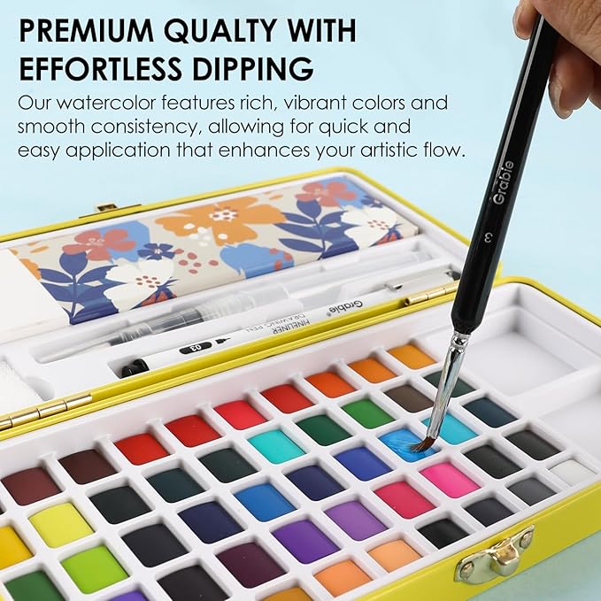grabie 50 colors premium all-in-one water color paint set - detail paint brush included, watercolor paints, painting sets, art supplies, portable & travel watercolor set, amateur hobbyists