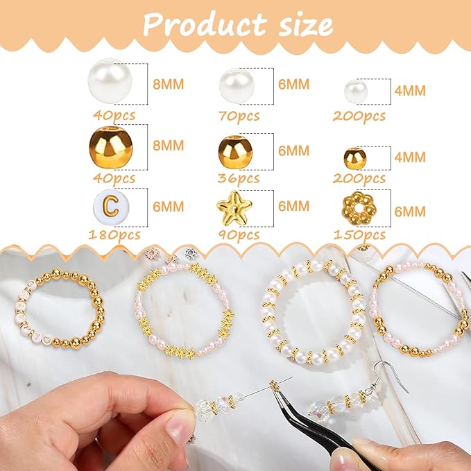 Hpebl 1040PCS Pearl Beads Kit - White, Gold, Small Pearl Beads for Bracelets & Jewelry Making for Adult