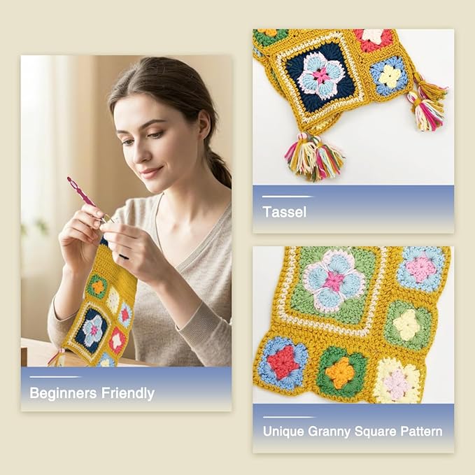 Noocro Granny Square Scarf Crochet Kit – Complete Yarn Kit with Crochet Hook, Markers, and Other Accessories, Detailed Instruction & Video Tutorial – for Intermediate or Ambitious Beginners
