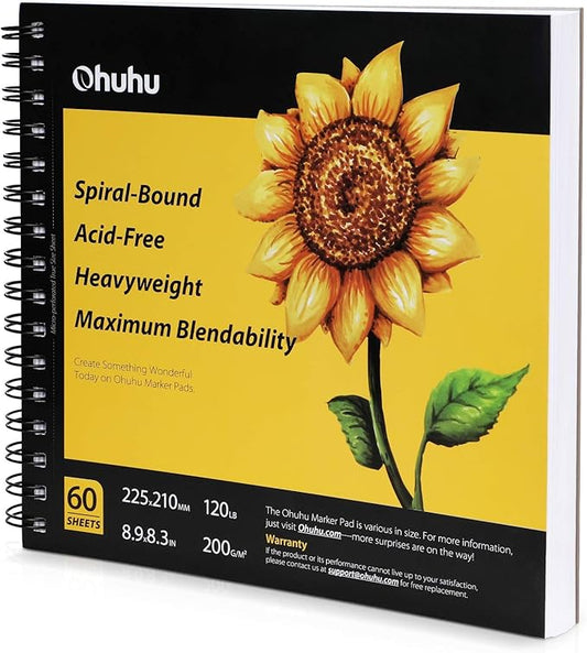 Ohuhu Marker Pads Art Sketchbook - 8.9" x 8.3" Portable Square Size -120 lb/200 gsm Drawing Papers - 60 Sheets/120 Pages - Spiral Bound Sketch Drawing Book for Alcohol Markers Christmas Gift