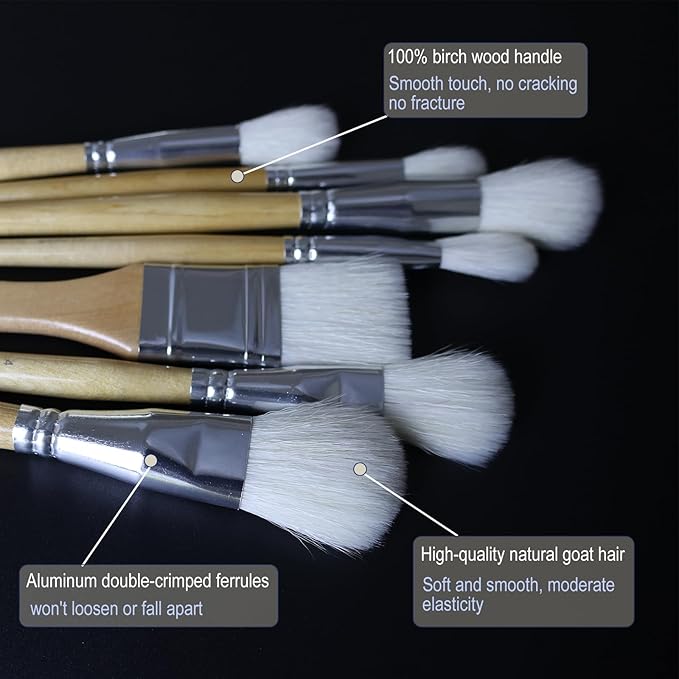 Gilding Brush Set, 7 Pieces Versatile Goat Hair Blending Mop Brushes for Acrylic Painting Wartercolor Foil Gold Leaf Flakes Sheets