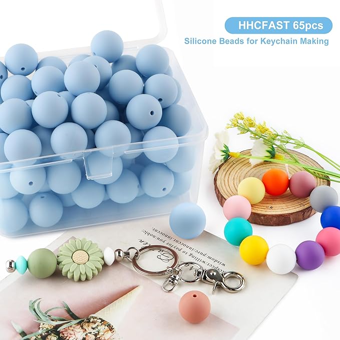 65Pcs 19mm Silicone Beads for Keychain Making Bracelet Necklace, Bulk Round Silicone Beads for Pens（Pastel Blue）